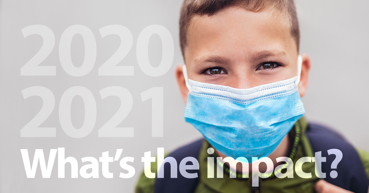 A boy wearing a surgical mask with the words 2020 2021 what's the impact?.