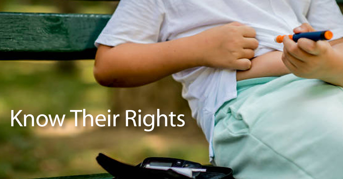 A child sitting on a bench with the words know their rights.